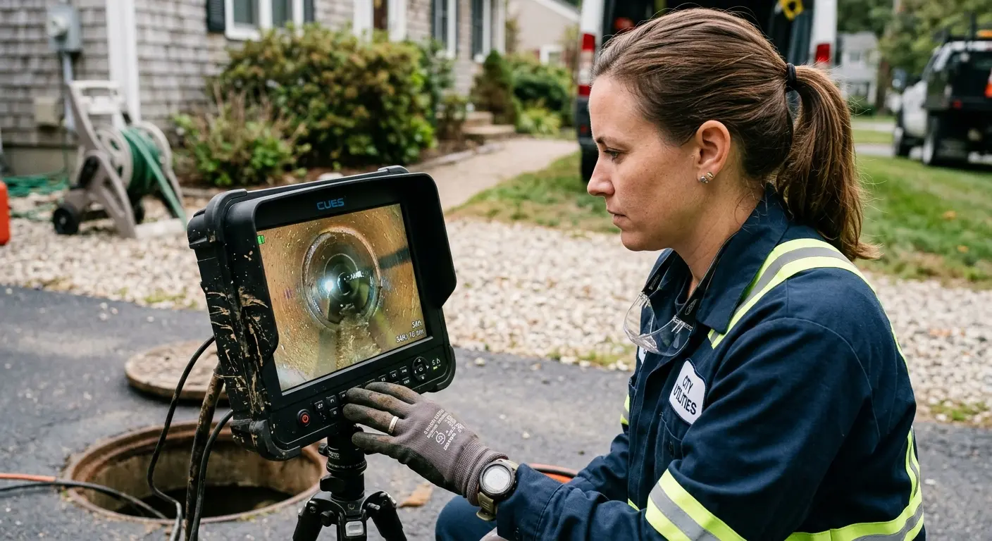 Technician reviewing sewer camera inspection footage in Moncks Corner