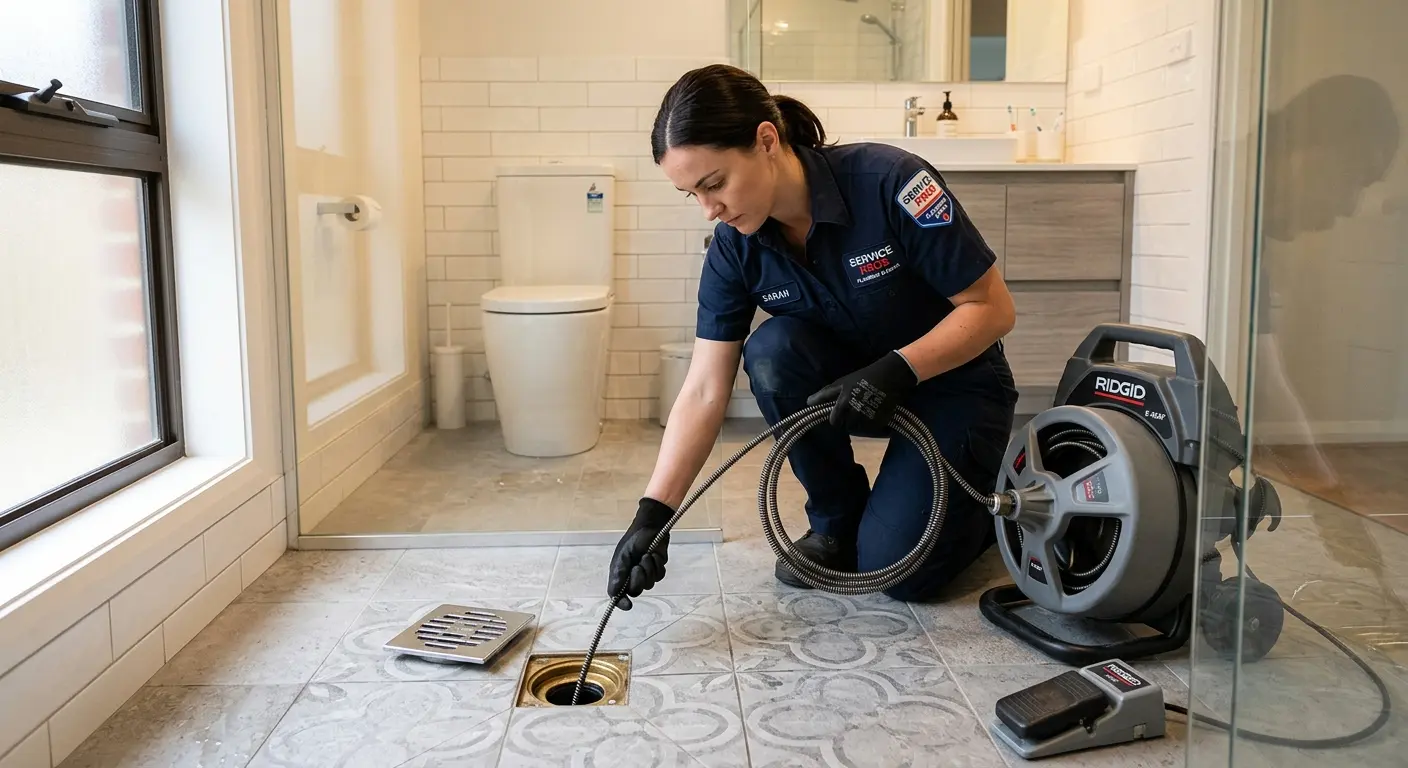 Technician clearing a bathroom floor drain for Sewer Line Installation in Moncks Corner
